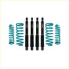Set of four black sfi shock absorbers with teal coil springs for suzuki jimny gj 5 door 2023 on dobinsons lift kit