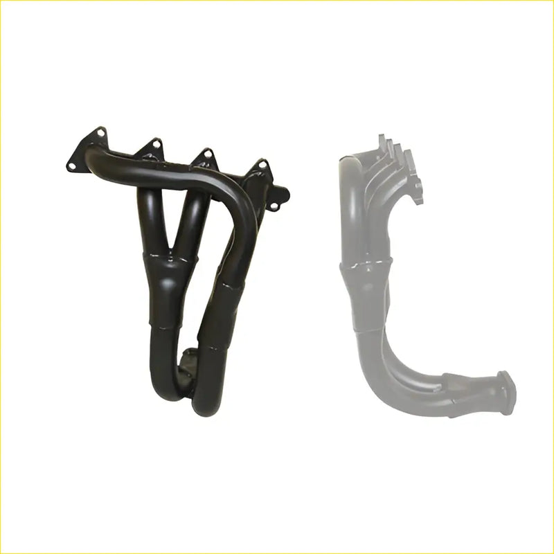 Black painted metal exhaust manifold with flange mounting points and curved tubing for suzuki swift 1.3l and holden barina