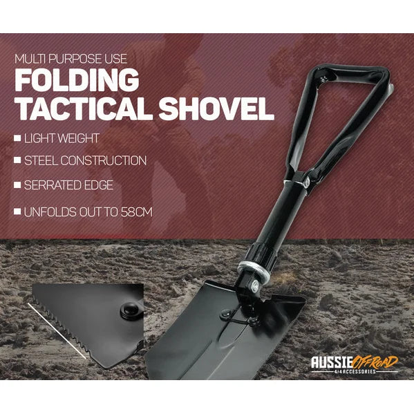 Tactical foldable shovel made of tempered steel with serrated edge for durable outdoor use