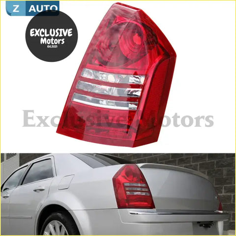 Red taillight with clear lens and silver horizontal strips designed for chrysler 300 and 300c 2005-2007 back side view