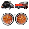 Pair of chrome-rimmed amber circular turn signal lights with concentric rings for classic mini morris minor 1960-1971