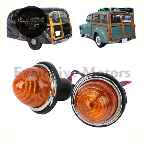 Chrome-finished amber tail lights for classic mini morris minor 1960-1971 with black base and visible wiring back view