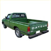 Green datsun 720 ute pickup back with metal bed and black bumper showing tail lights for 1980-1989 models