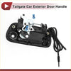 Black plastic tailgate door handle with silver metal latch and blue plastic parts for toyota tundra back side view