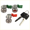 Silver tailgate and ignition door lock cylinders with green and red retainers and black key fobs for ford f-250 f-350