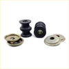 Black rubber tension rod bushings with metallic flanges for Nissan Datsun Sunny 1971-1994 shown from back side