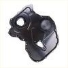 Black metal transmission oil pan with matte finish and multiple bolt holes for timing gear cover on ford ranger front