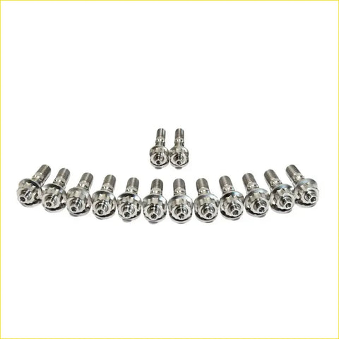 Set of sixteen chrome-finished hex head lug nuts with threaded shafts for titanium exhaust manifold kit on nissan patrol