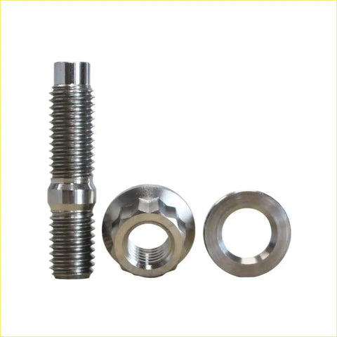 Silver metallic threaded bolt with hexagonal head nut and flat washer for titanium exhaust manifold stud kit on nissan patrol gu