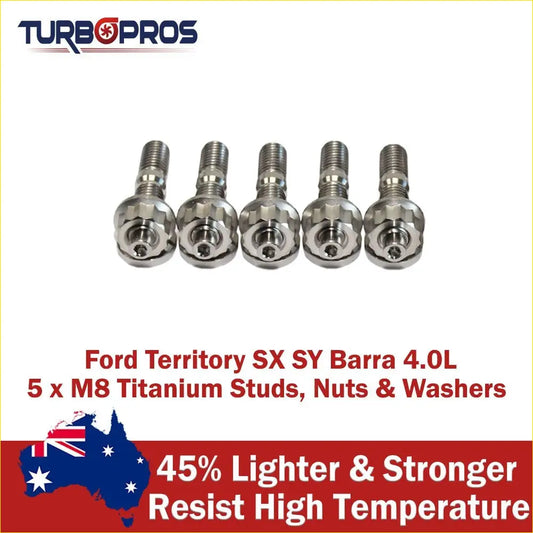 Five shiny titanium turbo to dump pipe studs with hex heads for ford territory sx sy barra 4.0l engines