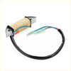 Tohatsu nissan m ns 9.9hp 15hp 18hp exciter coil assy showing silver stator with beige insulation and red blue connector