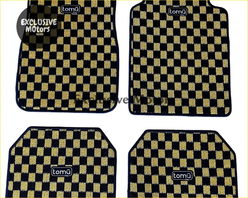 Black and gold checkered tomu yellow checker floor mats with textured weave pattern for car interiors