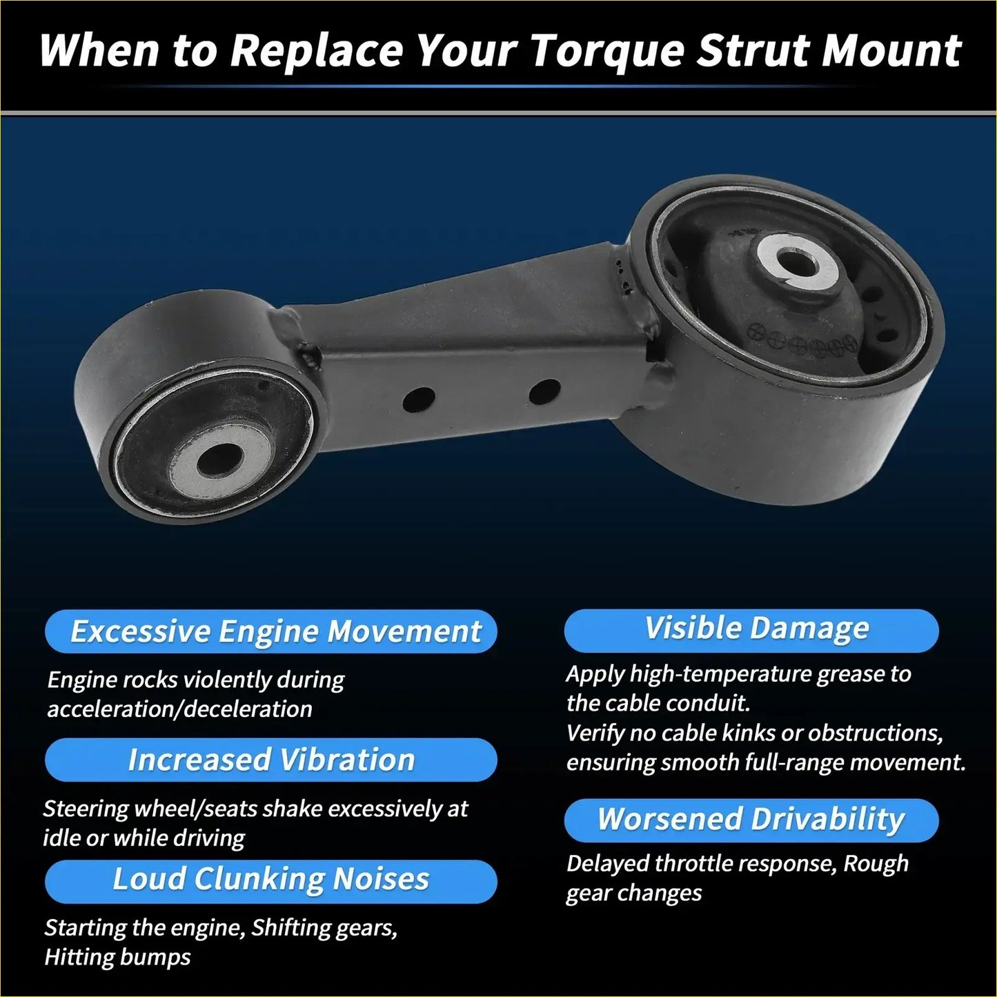 Black metal torque strut mount with rubber bushings for toyota avalon 2005-2007 3.5l shown from back side