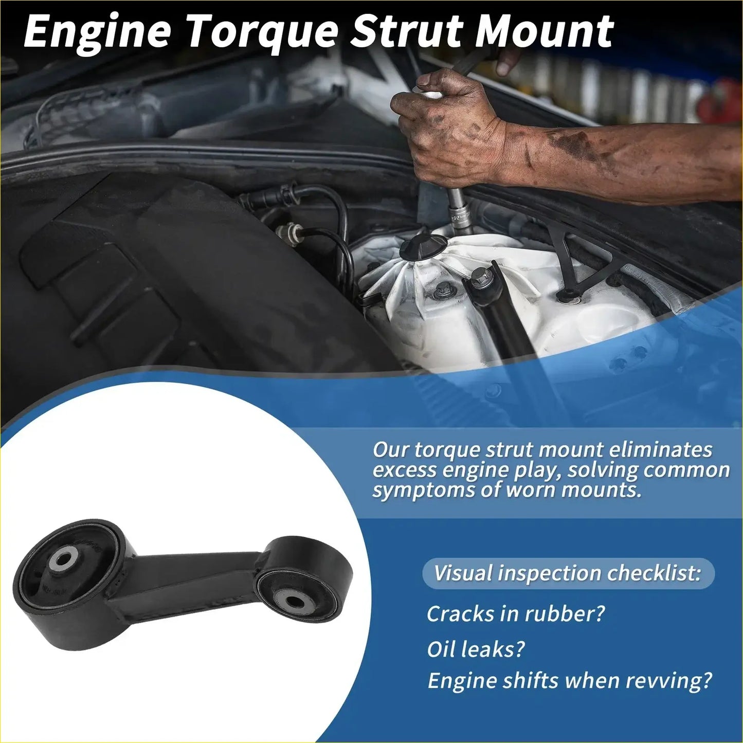 Black rubber and metal torque strut mount with u-shaped design for 2005-2007 toyota avalon 3.5l back side view