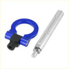 Blue and black aluminum tow hook trailer ring with threaded metal rod for Toyota Avanza 2012-2023 back side view