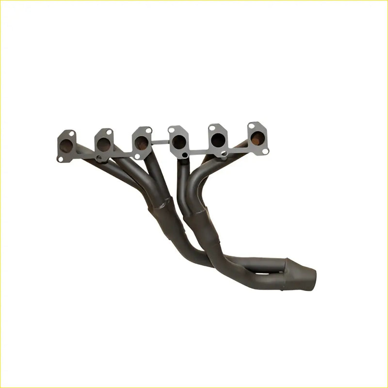 Black dual exhaust manifold with metallic flanges and matte finish for toyota coaster bus 1hz diesel 1990 back side view