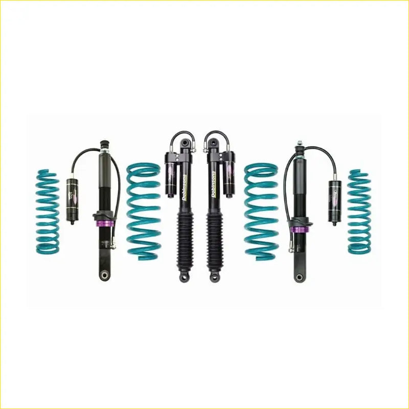 Teal and black dobinsons monotube coilover suspension kit with purple accents for toyota fj cruiser gsj15 rear view