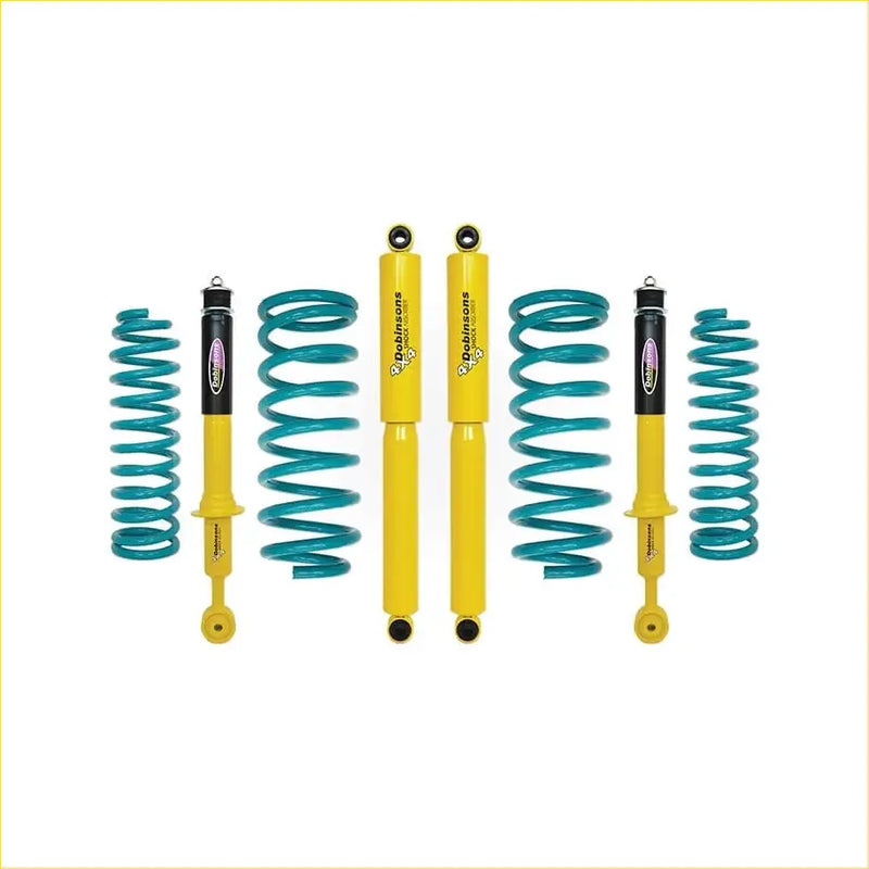 Yellow and teal coilover suspension kit with black dobinsons twin tube nitro gas shocks for toyota fortuner 2015 on