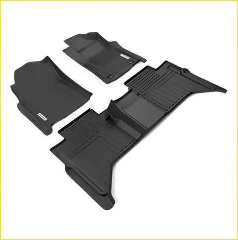 Black rubber deep dish all-weather floor liners for toyota hilux 8th gen with textured ribbed surface and molded fit