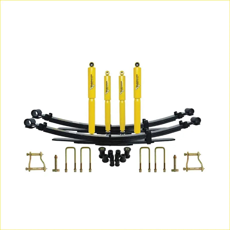 Set of four bright yellow shock absorbers with black leaf springs and hardware for toyota hilux kzn ln rn models