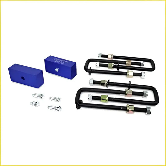 Blue rectangular metal blocks with holes and black u-shaped metal bars with silver fasteners for toyota hilux n80 lift kit