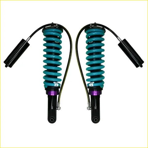 Teal and black coilover suspension shocks with purple accents for toyota hilux n80 2015 onwards dobinsons monotube remote reservoir