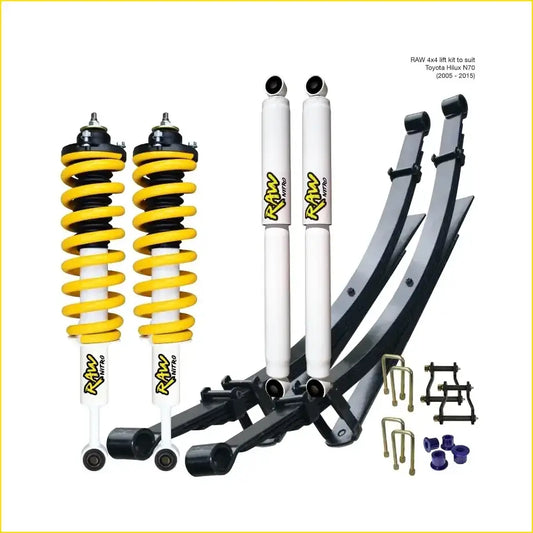 Yellow and white coil springs with black tops and white shock absorbers with raw logo for toyota hilux surf ln130 lift kit