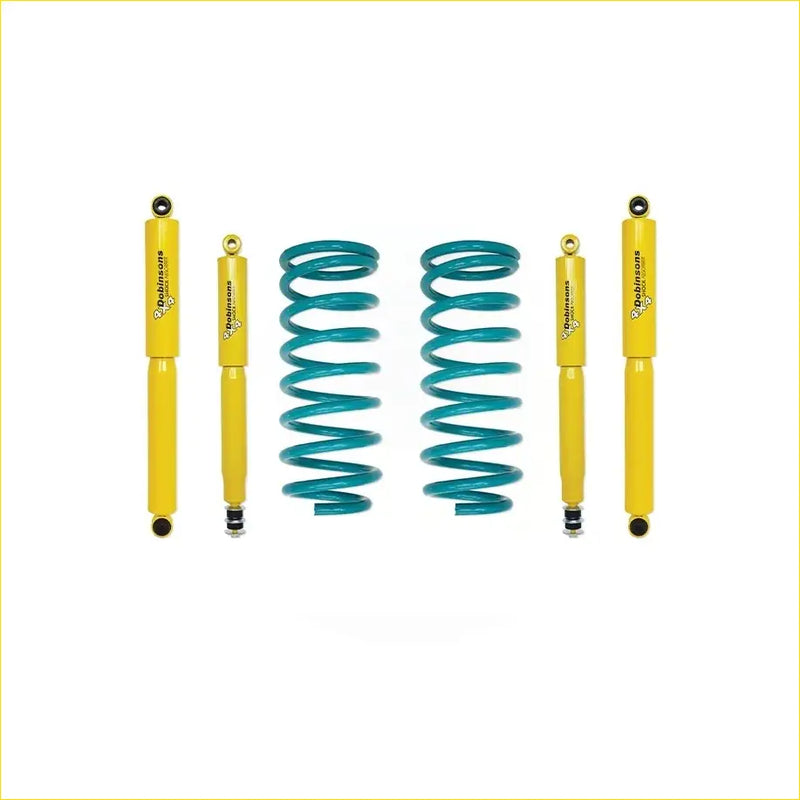 Set of four yellow dobinsons twin tube shock absorbers and two teal coil springs for toyota landcruiser 100 series