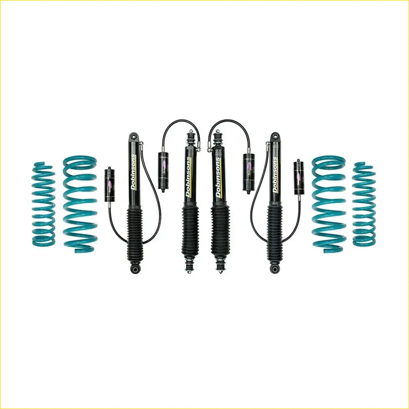 Set of four black dobinsons shock absorbers with teal coil springs for toyota landcruiser 105 series 1998-2007