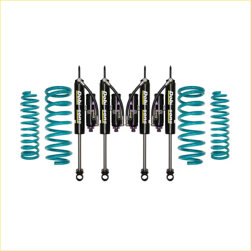 Set of four black dobl soms shock absorbers with teal coil springs for toyota landcruiser 105 series 1998 to 2007