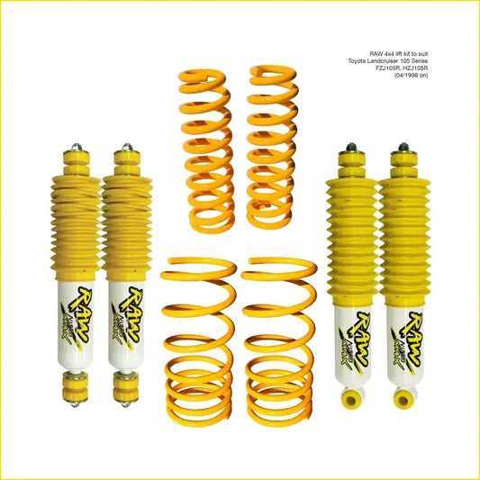 Bright yellow coil springs and shock absorbers with raw logos for toyota landcruiser 105 series nitro lift kit