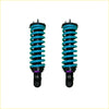 A pair of vibrant turquoise dobinsons ims coil-over shocks with black and purple accents for toyota landcruiser 200 series off-road use