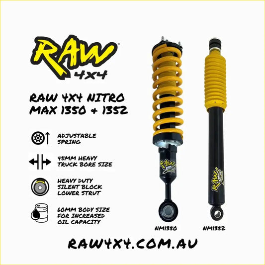 Yellow and black coil-over shock absorbers with raw 4x4 logo model nm1350 and nm13sz for landcruiser 300 series lift kit