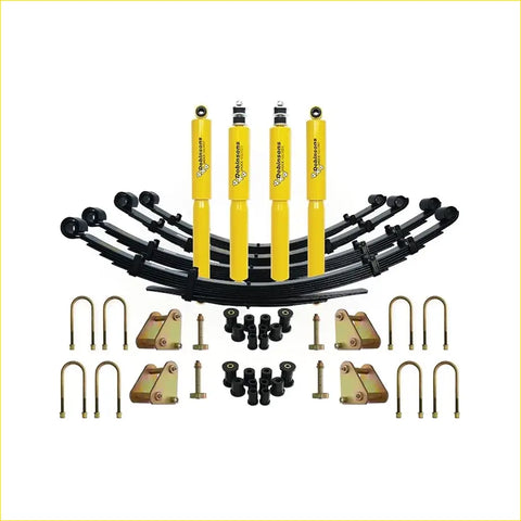 Yellow and black dobinsons twin tube suspension kit with shock absorbers leaf springs brackets and bolts for toyota landcruiser 75 series