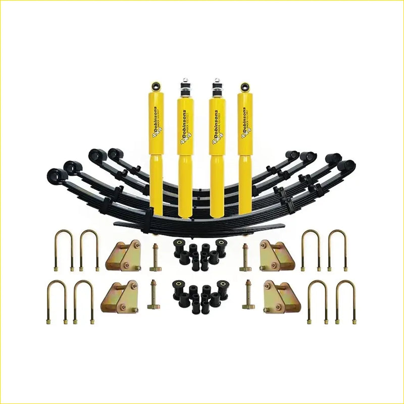 Yellow and black dobinsons twin tube suspension kit with shock absorbers leaf springs brackets and bolts for toyota landcruiser 75 series