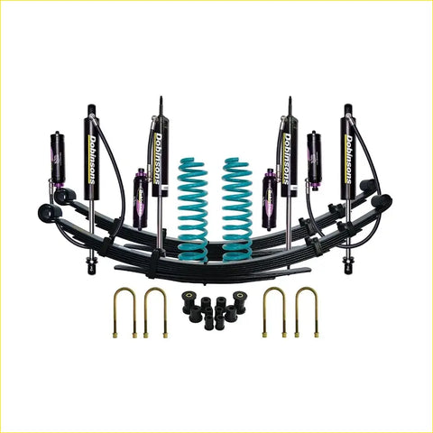 Black and teal coilover suspension kit with dobinsons branding for toyota landcruiser 76 series monotube remote