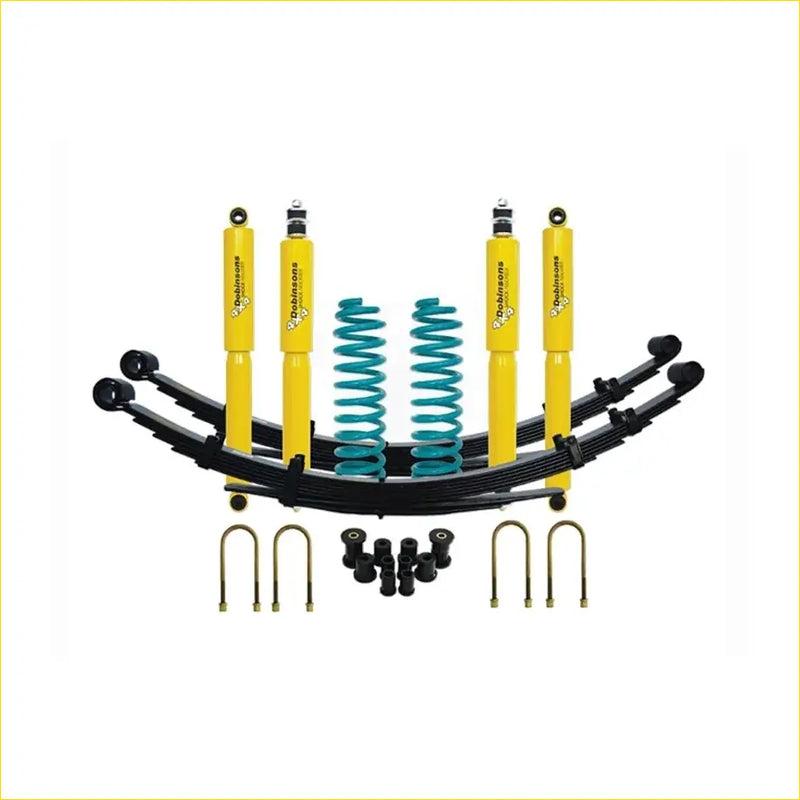 Yellow and teal coil springs with matching yellow shock absorbers black leaf springs and mounting hardware for toyota landcruiser 76 series