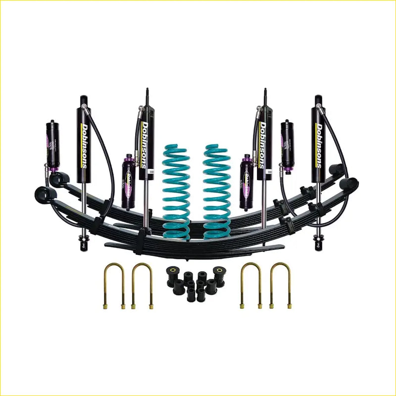 Black and teal Dobinsons monotube coilover suspension kit for Toyota Landcruiser 78 79 series 1999 on