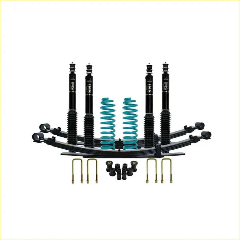 Black and teal Dobinsons IMS monotube coilover suspension kit with four shocks and springs for Toyota Landcruiser 79 Series