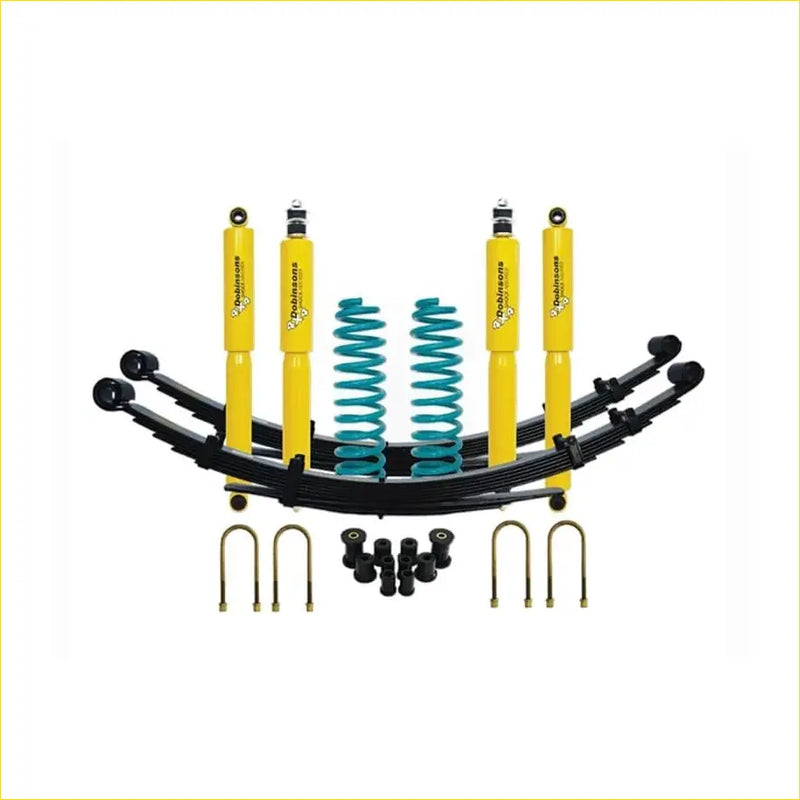Yellow and teal dobinsons twin tube nitro suspension kit with black leaf springs for toyota landcruiser 79 series back side