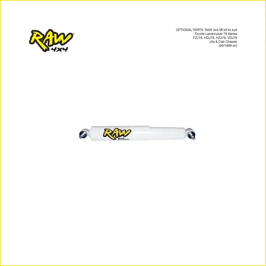 White raw 4x4 shock absorber with yellow logo and metallic ends for toyota landcruiser 79 series raw nitro lift kit
