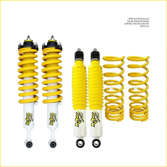 Bright yellow coil springs and white shock absorbers from raw nitro lift kit for toyota prado 90 series kzj90