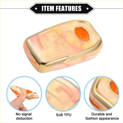 Tpw remote key fob cover for toyota rav4 2001-2022 with gold trim and soft pink peach marbled finish