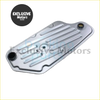 Silver metallic ribbed oil pan with two circular openings for transmission filter kit ford ranger 1989-2009