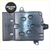 Black plastic oil pan with oval molded openings and mounting bracket for transmission filter kit ford ranger tke back side