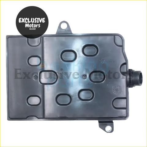 Black plastic oil pan with oval molded openings and mounting bracket for transmission filter kit ford ranger tke back side