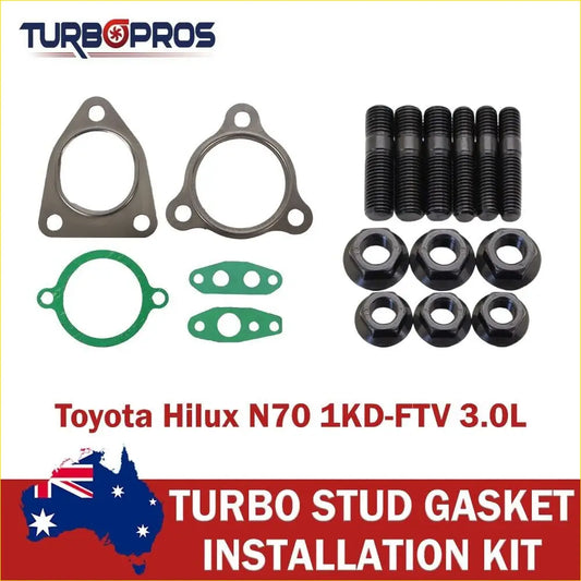 Black turbo stud gasket installation kit with metallic and green rubber gaskets plus black bolts for toyota hilux 1kd-ftv 3.0l