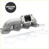 Gray metallic turbo manifold header with rectangular flange and bolt holes plus matching gasket for 90-93 mazda miata