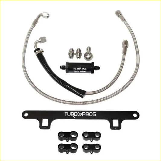 Black and silver turbopros turbo oil feed line kit with braided stainless steel hoses and support bracket for ford falcon xr6
