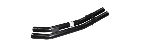 Black curved metal handlebar with matte finish and white stripe detail for twin 2.5 inch catback exhaust rear view